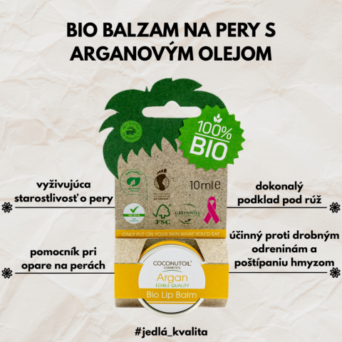 Coconutoil Bio Arganový Balzam na Pery 10 ml na hydratáciu, výživu a ochranu suchých pier, info