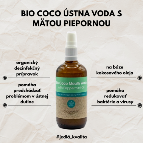 CoconutOil Cosmetics Bio Coco Ústna voda s mätou - 100 ml Coconutoil Bio Coco Ústna Voda s Mätou 100 ml pre svieži dych a každodennú starostlivosť o ústnu dutinu.